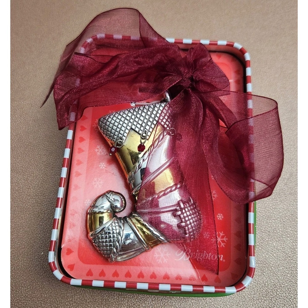 Brighton Retired Gold Silver Metal Christmas Stocking Ornament NIB (Missing Lid)